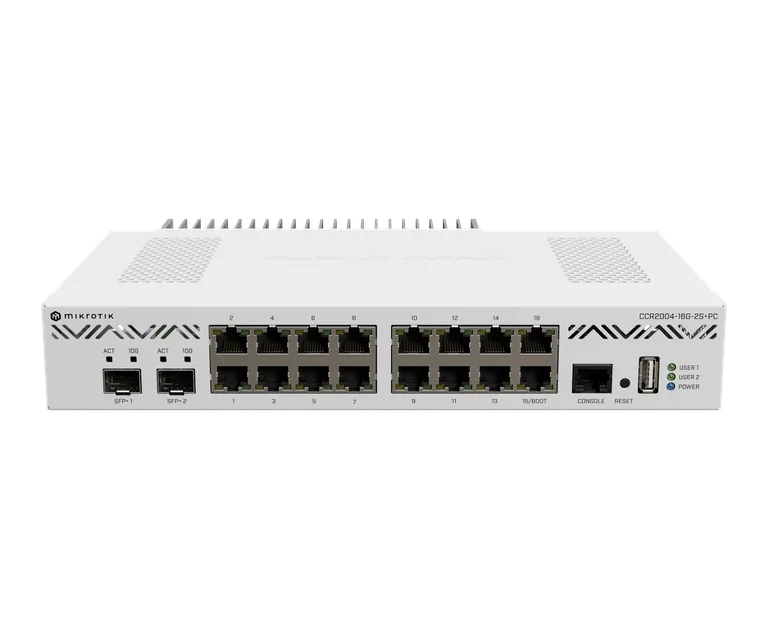 MikroTik CCR2004-16G-2S+PC — Photo of the listed model; revision and supplied configuration may differ.