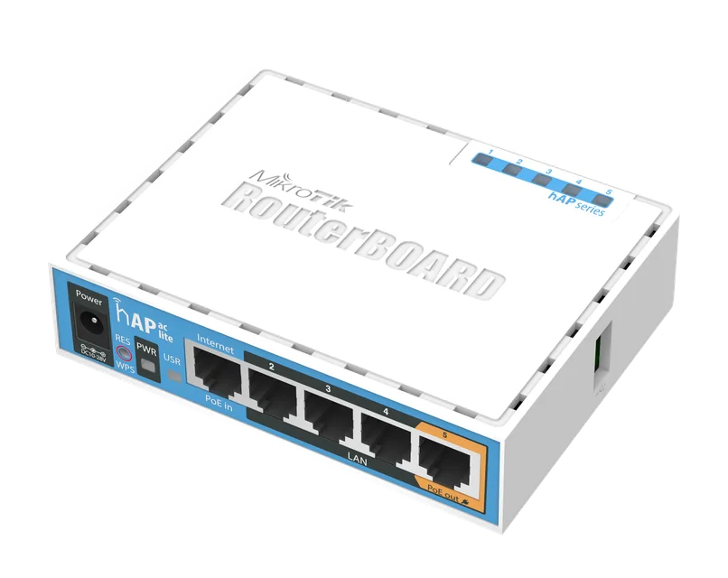 MikroTik hAP ac lite · RB952Ui-5ac2nD — Photo of the listed model; revision and supplied configuration may differ.